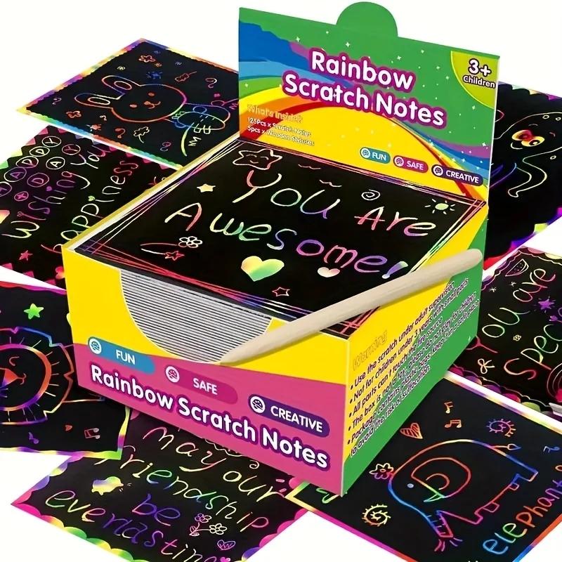 125 Sheets Magic Scratch Paper Rainbow Scratch Mini Art Note Cards Kids Toy Crafts DIY Party Favors Girls Boys Birthday Halloween Christmas Gift Box