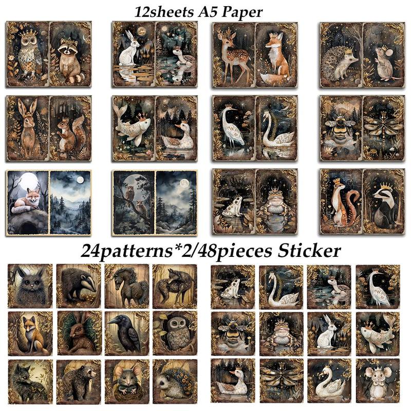 Forest Lake Animals Pattern Ephemera Set, 60pcs set Including 12sheets A5 Paper & 48pcs Sticker, DIY Decorative Sticker for Scrapbooking & Journal Making