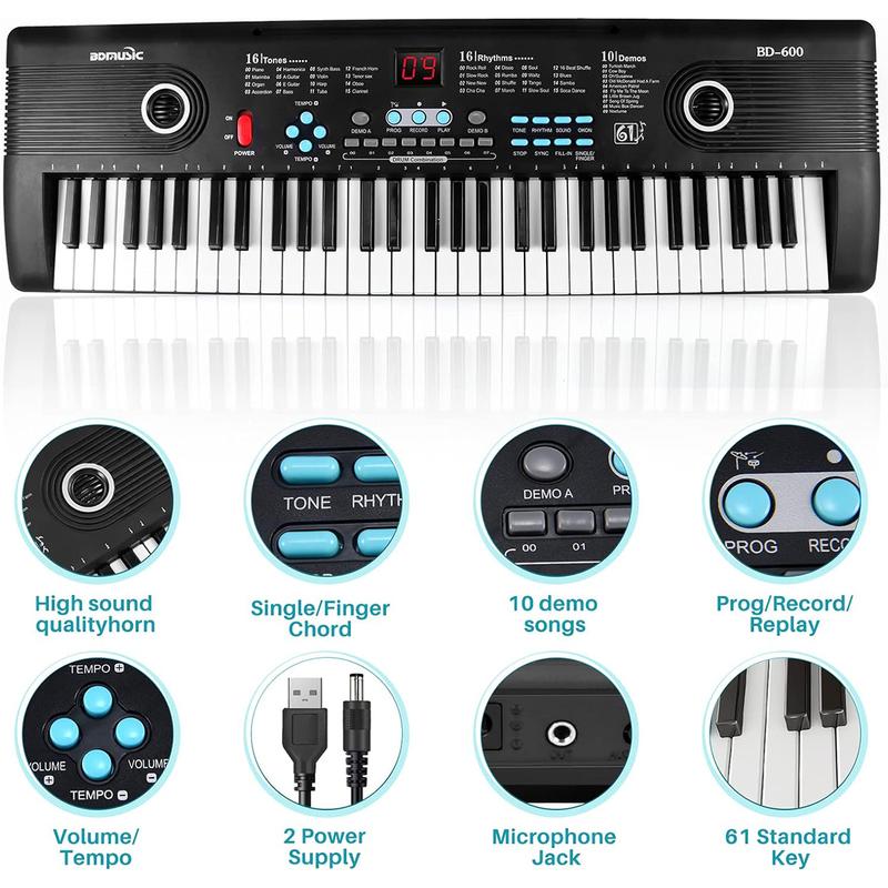 61 Key Electric Digital Piano for Kids Beginner Player with Mic - Portable Music Keyboard