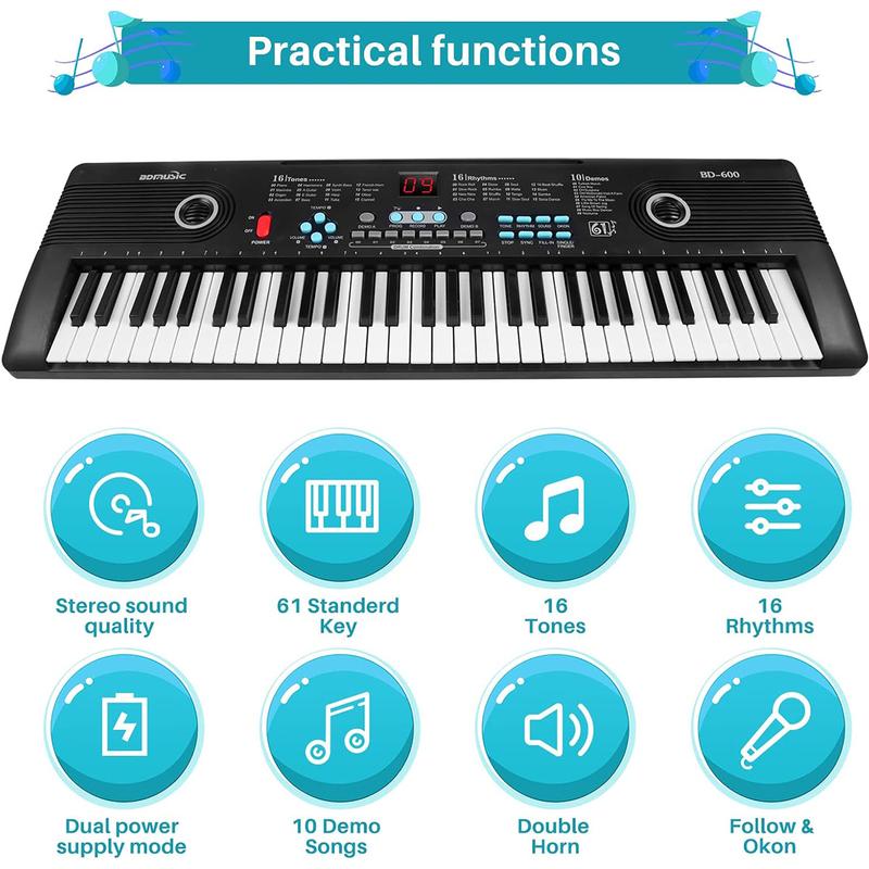 61 Key Electric Digital Piano for Kids Beginner Player with Mic - Portable Music Keyboard