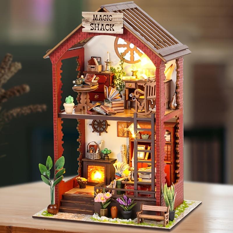 DIY Wooden Book Nook Kit, DIY Miniature House Kit with Light, 3D Desktop Decoration Ornament, DIY Model Kit for Bookshelf Decoration