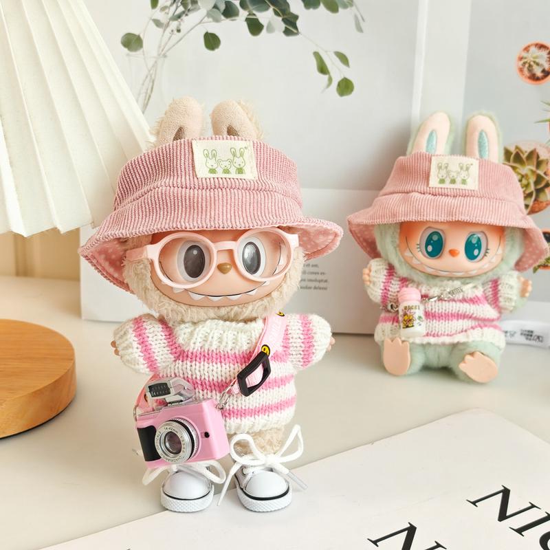 (Clothes Only) Doll Clothes labubu Monsters knit Clothes with Hat Bottle Camera Shoes Glasses, labubu Have A Seat and Macarons Version Christmas Winter Outfit