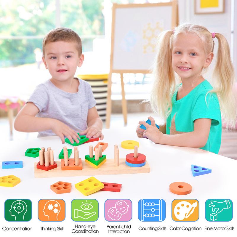 BenBen Montessori Toys for 1 2 3 Year Old, Wooden Sorting & Stacking Toys, Educational Shape Sorter for Baby Toddlers Preschool Kids