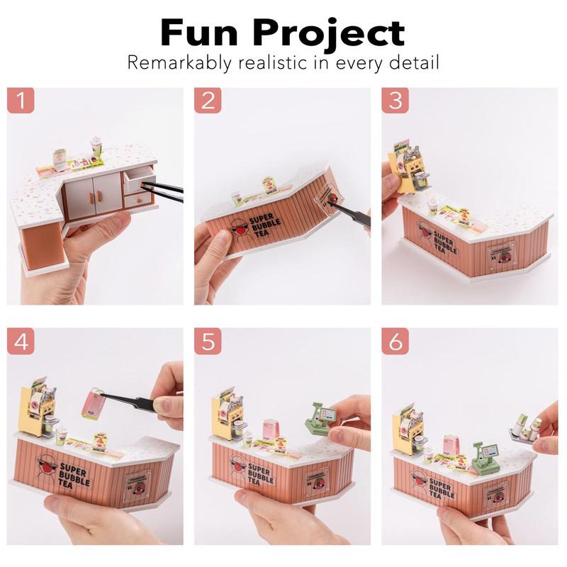 Rolife Super Creator Double Joy Bubble Tea Plastic DIY Miniature House Kit DW006 Plastic House Building Set Toy DIY Miniature Dollhouse Playset with LED for Mini Figures Construction Toys Diorama Kit Gifts for Teens Adults building bricks dust cover