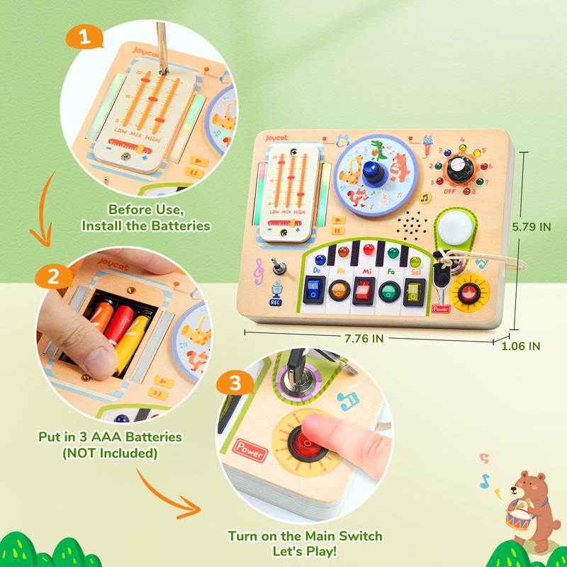 JoyCat Busy Board with Led Light, Montessori Toys for Boys and Girls, Wooden Sensory Toys with Music, Light Switch Board, Travel Toys