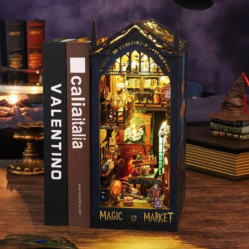 1 Box DIY Book Nook Kits for Adults, 3D Wooden Puzzle Bookend DIY Craft Kits with LED Lights, Craft Supplies for Home Decor, Stocking Fillers Gift