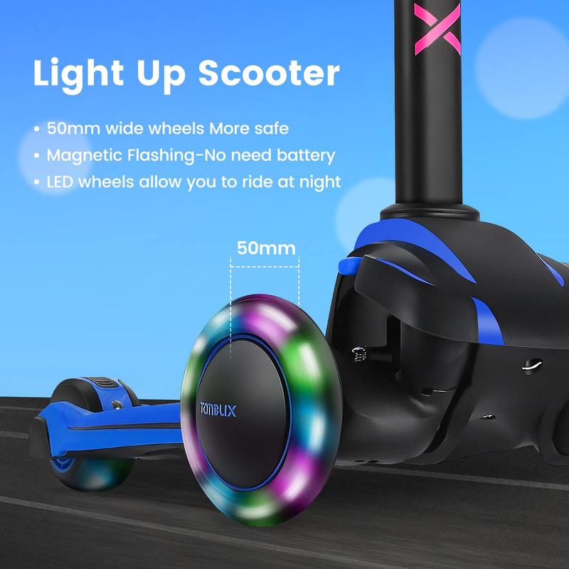 Kids Scooter for Age 3-12, Toddler Scooter with 4 Adjustable Heights, Light Up 3-Wheels Scooter, Shock Absorption Design, Lean to Steer, Balance Training Scooter for Kids