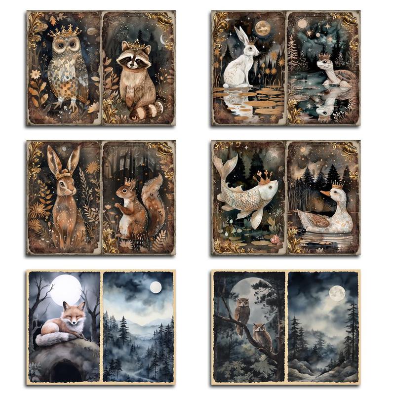 Forest Lake Animals Pattern Ephemera Set, 60pcs set Including 12sheets A5 Paper & 48pcs Sticker, DIY Decorative Sticker for Scrapbooking & Journal Making