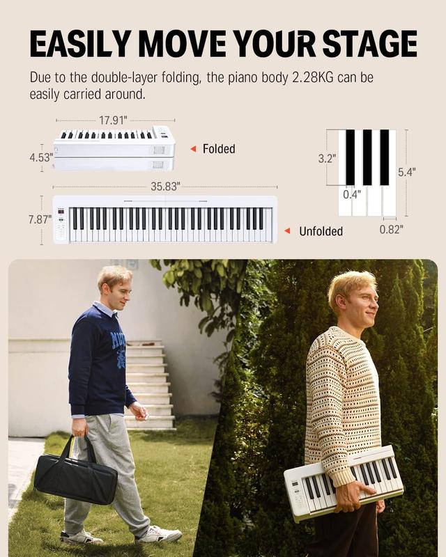 Donner 61-Key Folding Bluetooth Keyboard Piano for Beginners, Portable with Music Rest, Bag, Pedal, and App - White