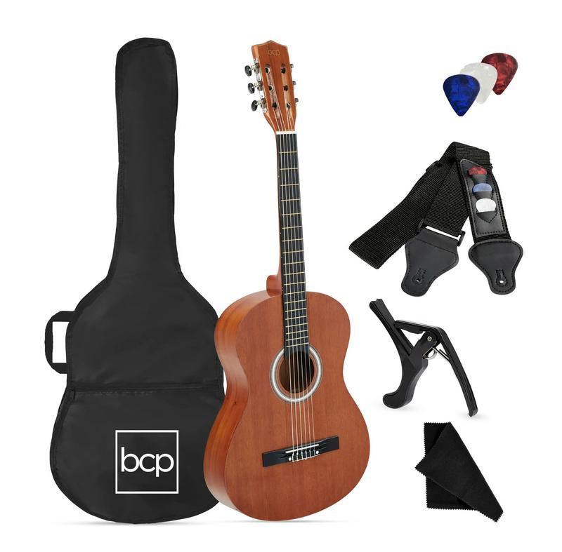 38in Beginner Acoustic Guitar Starter Kit w  Gig Bag, Strap, Strings - Natural Mahogany