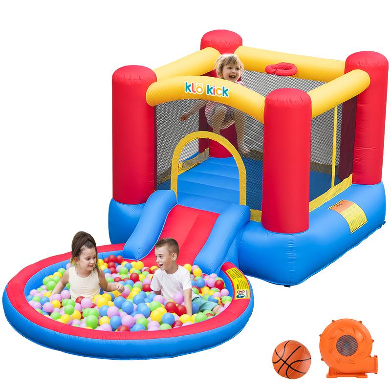 Klo Kick Inflatable Bounce House with Blower for Kids 3-5 y o, Bouncy Castle w Waterslide & Pool for Wet Dry Combo- Red