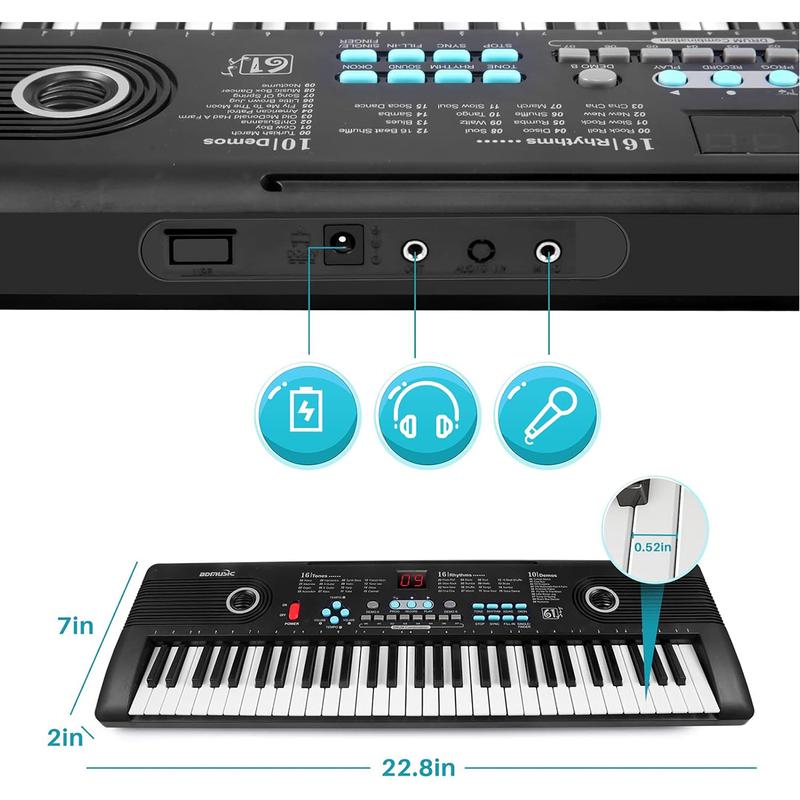 61 Key Electric Digital Piano for Kids Beginner Player with Mic - Portable Music Keyboard