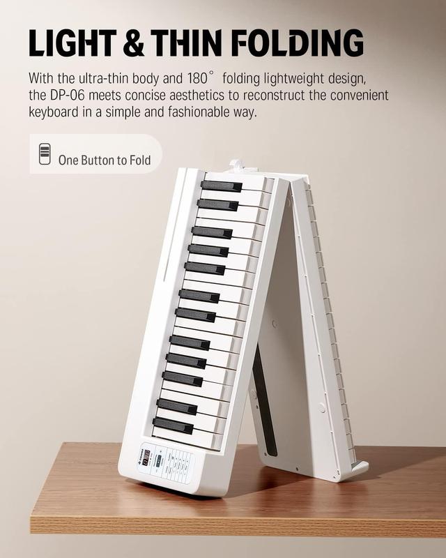Donner 61-Key Folding Bluetooth Keyboard Piano for Beginners, Portable with Music Rest, Bag, Pedal, and App - White