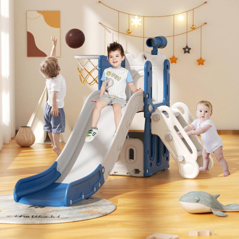 KORIMEFA 5-in-1 Toddler Slide Set in Blue Freestanding Climber Playset for Kids, Outdoor Indoor Playset with Basketball Hoop and Ball