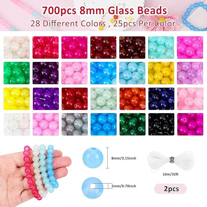 700pcs Glass Beads Kit for Jewelry Making, 28 Colors 8mm Crystal Beads Bulk for Bracelet DIY Crafts