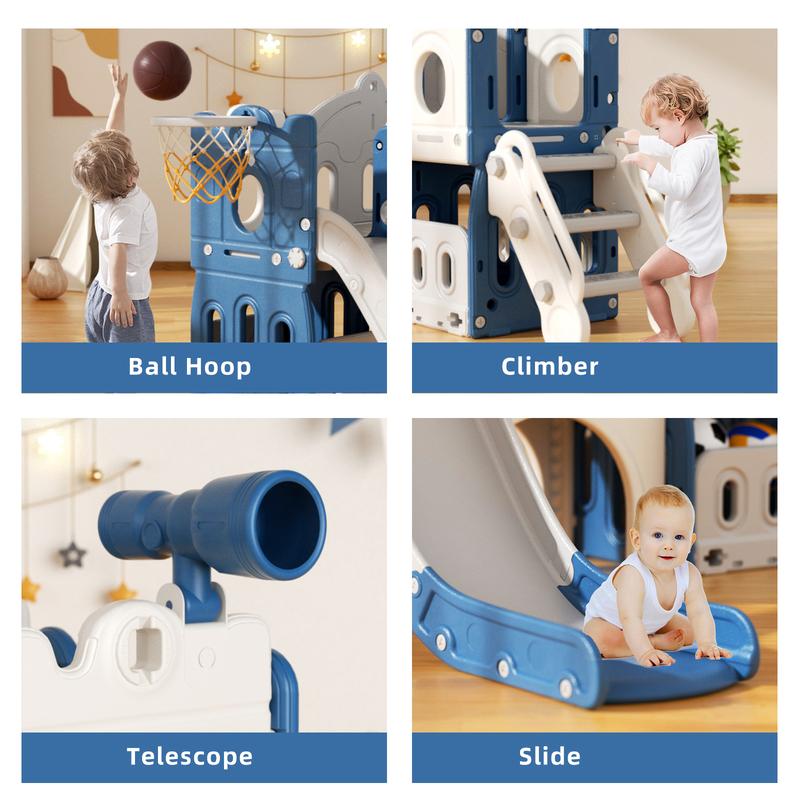 KORIMEFA 5-in-1 Toddler Slide Set in Blue Freestanding Climber Playset for Kids, Outdoor Indoor Playset with Basketball Hoop and Ball