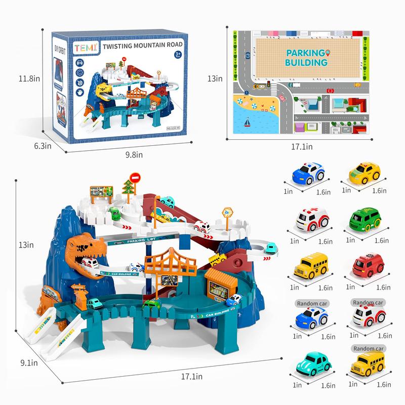 Dinosaur Race Track Playset,  Car Garage Parking Adventure Toy with 10 Mini Cars, Educational Toy Ramp Playset  Preschool