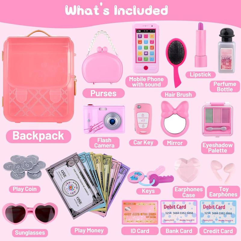 Backpack Purse Play Set for Little Girls, My First Purse Toy with Camera, Earphone, Smartphone, Makeup Set, Sunglasses, Wallet, Car Keys, Credit Cards, Play Money