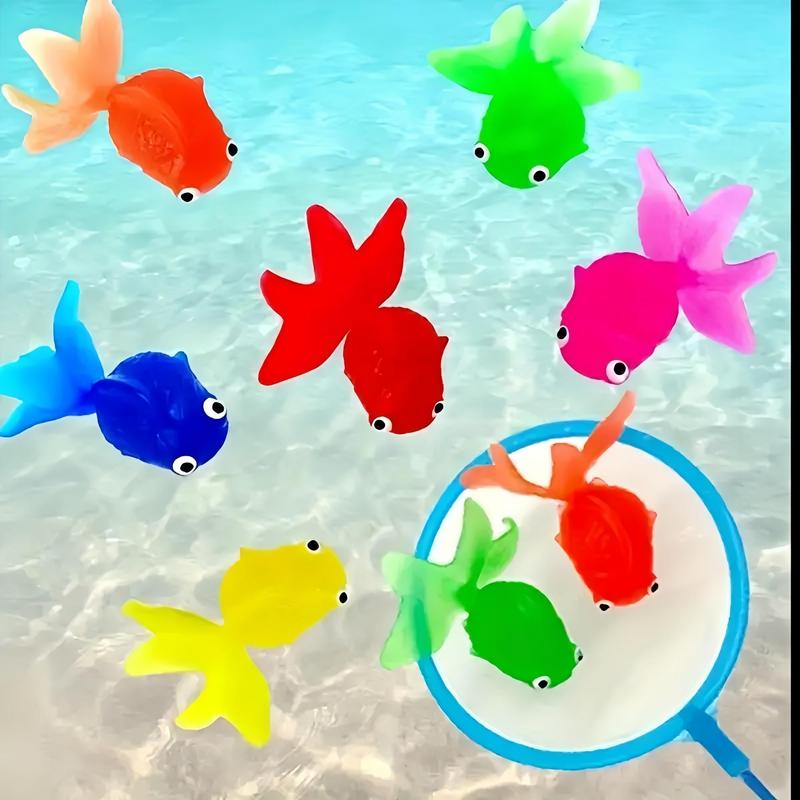 Random Color Floating Fish Toy & Fishing Net Toy, 11pcs set Colorful Simulation Soft Rubber Fish Toy & Fishing Net Toy, Summer Party Gift Supplies