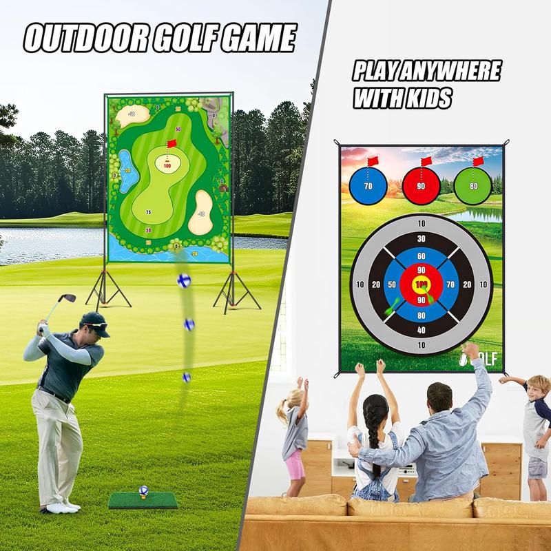Golf Chipping & Dart Game Mat Set with Two Clubs, 6Ft x 4Ft Double-Sided Training Mat featuring 20 Sticky Balls and 10 Darts, Indoor Outdoor Game for Adults and Kids.