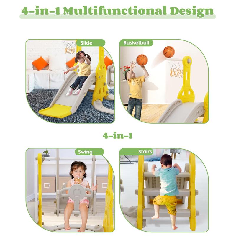 Four-in-One Slide and Swing Combination: A playground equipment with a swing, slide, climbing frame, and basketball hoop for boys and girls, indoor and outdoor backyard toys for New Year's gift to friends and family (pink)