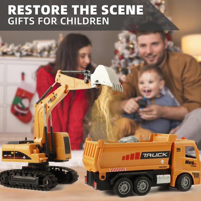2 in 1 Remote Control Engineering Vehicle Toy Set, 1 Set Excavator & Dumper Truck Toy with Light & Music, Birthday Gift for Boys & Girls