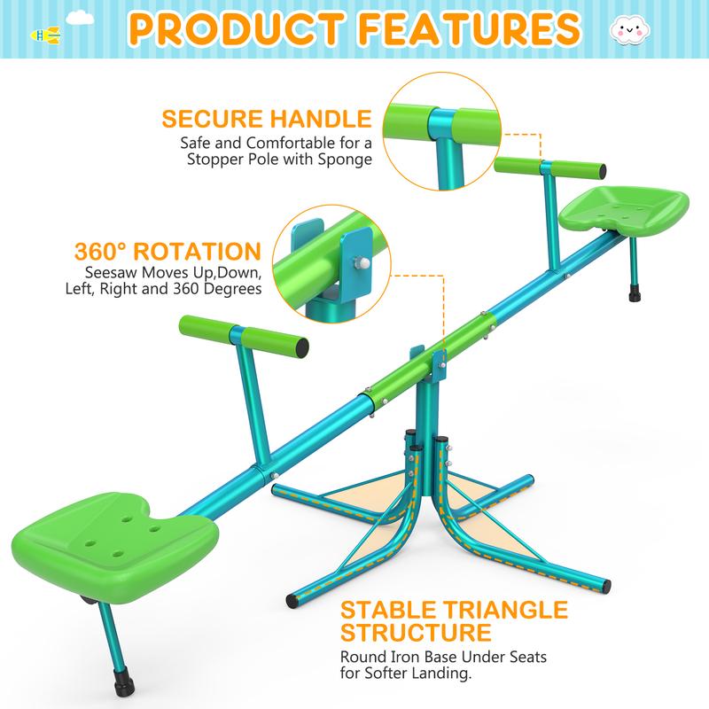 360 Lbs Capacity Seesaw for Kids - Heavy Duty Outdoor Playground Set, Swiveling 360° Rotation, Safety Certified for Ages 4-8