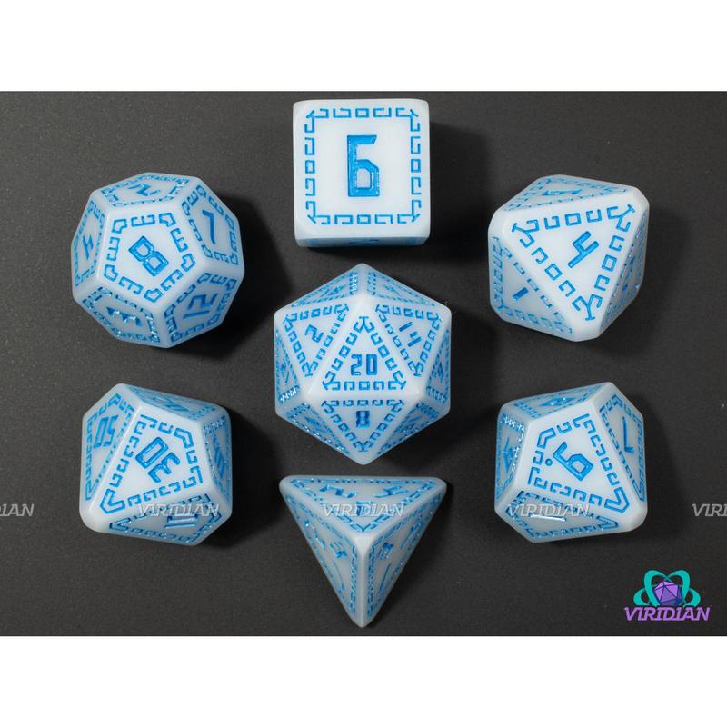 Sky Runes | Matte White, Light Blue, Ornate Runic Design, Greek | Resin Dice Set (7)