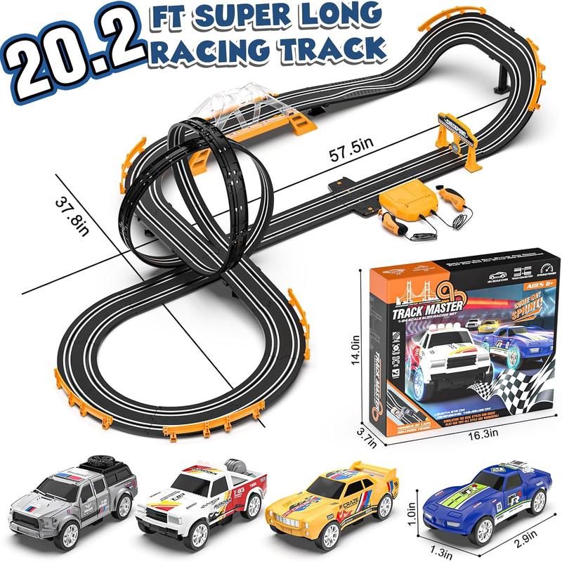 Slot Car Race Track Sets with 4 Slot Cars, Electric Race Car Track Include Slope Circular Overpass Track, Dual Racing Game Featuring Flash Bridge and Pendulum, Gifts Toys for Boys Kids Age 6 7 8-12