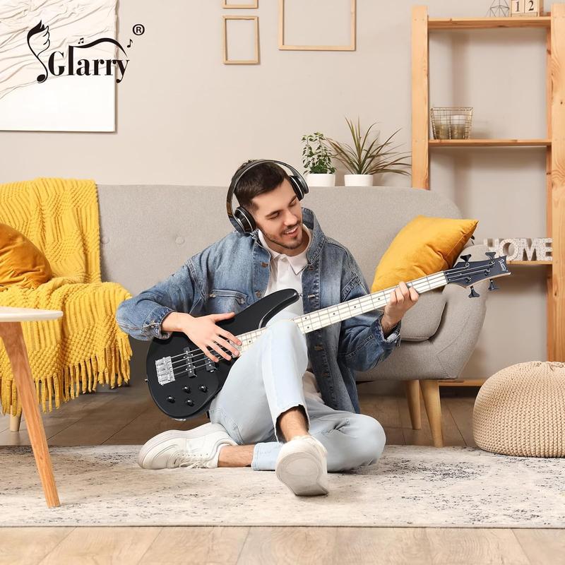 GLARRY Electric Bass Guitar Beginner Kit, 4 String Full Size Solid Body GIB F Series Bass Guitar with Thick Pading Gig Bag Backpack and Accessories (Black)