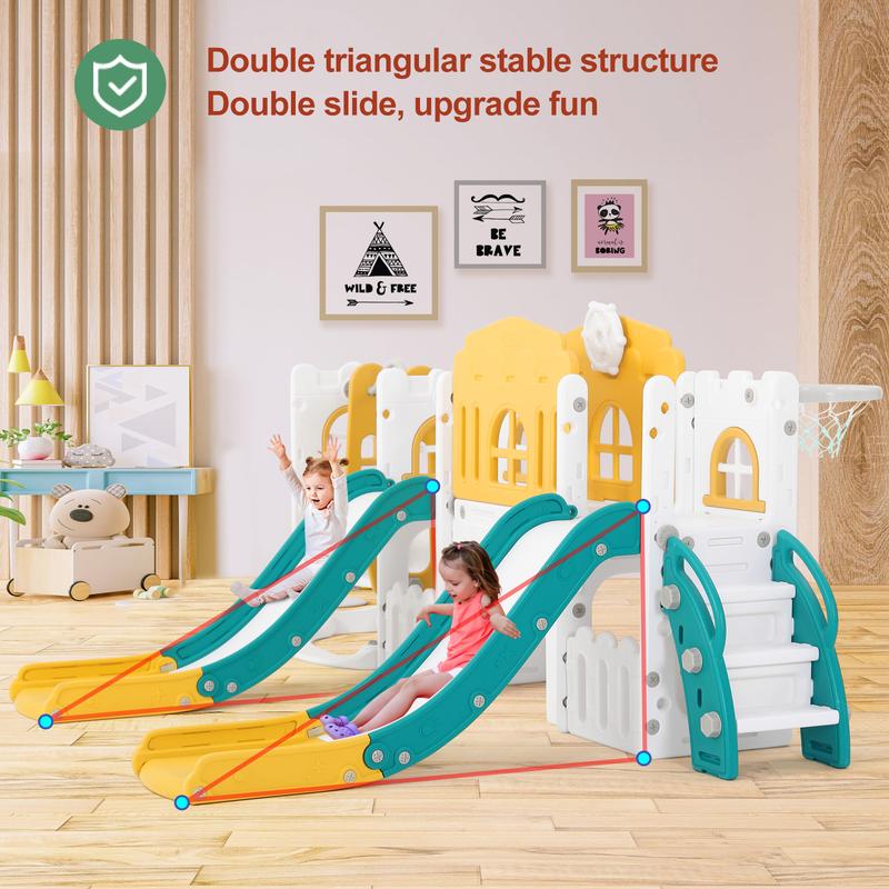 JOYLDIAS 10 in 1 Toddler Slide, Double Kid Climber Slide Playset w Swing, Basketball Hoop, Telescope, Tunnel, Storage Space and Non-Slip Steps, Indoor Outdoor Backyard Playground Toy for Toddlers
