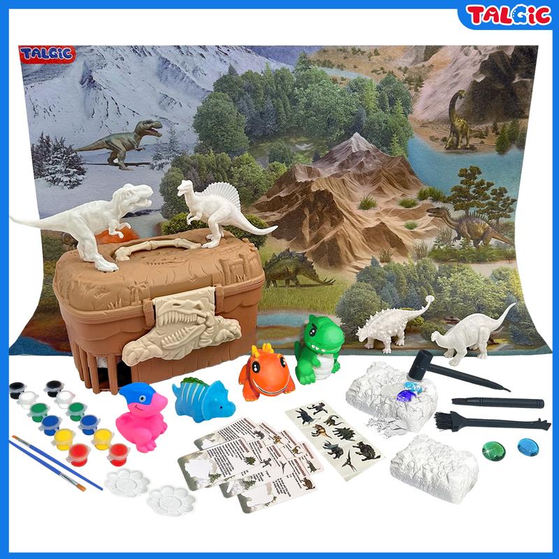 Dinosaur Mystery Digging Set Painting Kit for Kids with 16 Figurines & Jungle Map