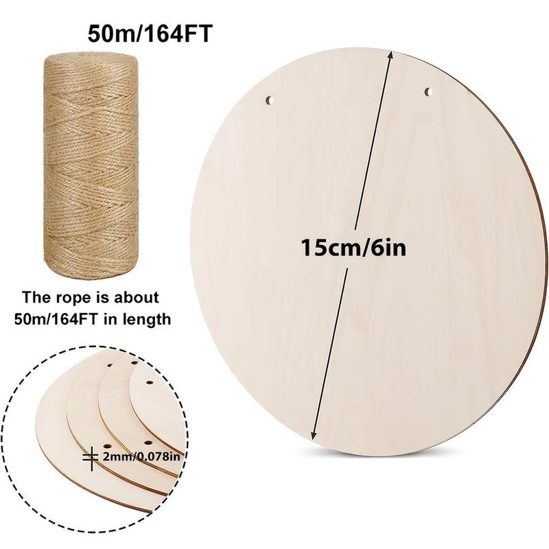 Unfinished Wood Craft, 5 10pcs DIY Wood Round with 50 Meters Hemp Rope, DIY Wood Circle, Wooden Round for Door Hanger, Home Decorations