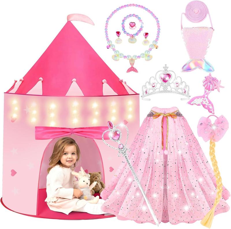 Christmas gift 13-Pcs Princess Castle Play Tent with LED Star Lights & Crown - Pink Princess Toy Tent for Girls | Indoor & Outdoor Playhouse
