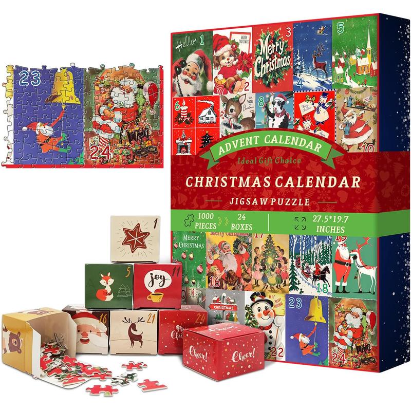 Christmas Puzzle, 2024 Advent Calendar gifts, Christmas Countdown Calendar 24 Days Jigsaw Puzzles, Vintage Holiday Christmas Postcards Puzzles as Christmas wall Decor, 1000 Pieces
