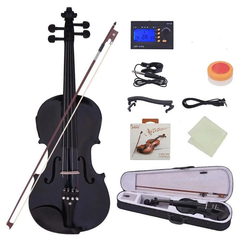 4 4 Full Size Solid Wood Violin with Case, Shoulder Rest, Electronic Tuner, Extra Strings, Bow, Connecting Wire and More Accessories, Black - SUNSET INSTRUMENTS