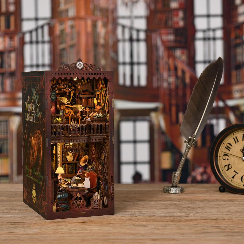 Wooden Wonder Library Book Nook Kit, 1 Count Miniature Lighted Toy House Puzzle, Creative Gift for Friend & Family, Glue and Batteries Not Included