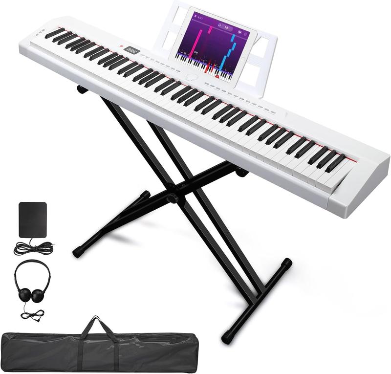 Ktaxon 88 Key Piano Keyboard Semi-Weighted Electric Piano, Portable Keyboard Piano with Stable Piano Stand, Portable Carry Bag, 2 Headphone Jacks, Bluetooth, MIDI, 200 Rhythms and 200 Tones(White)