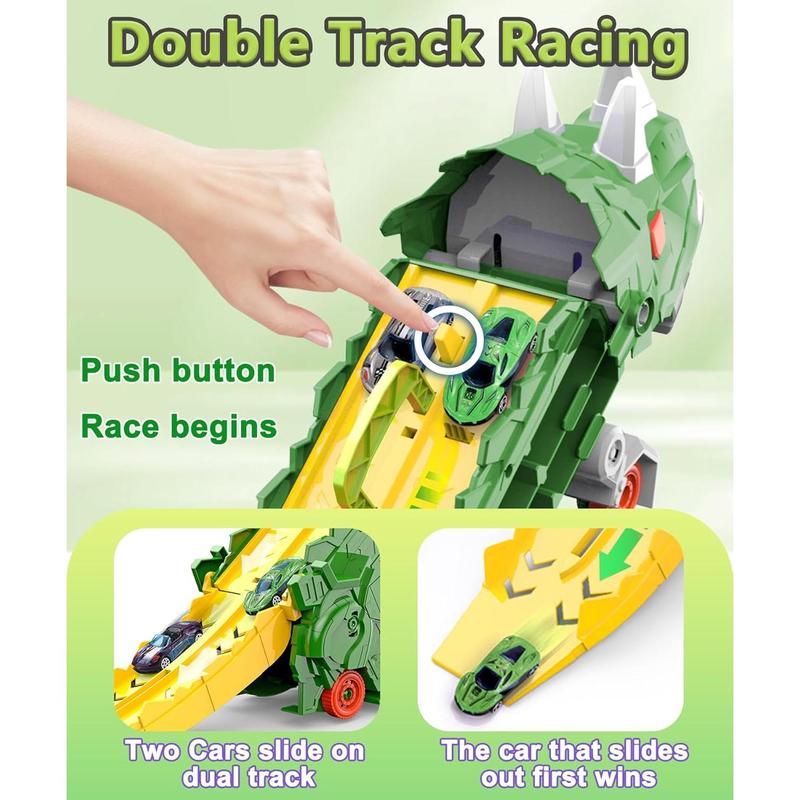 Dinosaur Truck Toys for Kids, Transforms into Triceratops with Race Track Set, Ultimate City Dinosaur Transporter Hauler with 4 Cars, Birthday Gifts Toys for Boys 3 4 5 6 7 8 Years Old Green