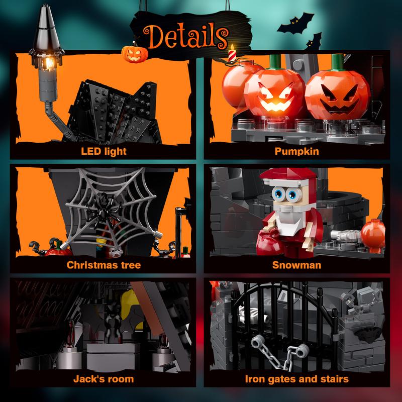 (957 pcs) Upgraded Thrilling Halloween Haunted Mansion House Building Blocks Set with Glowing LED Lighting, Ideal Christmas & Halloween Gifts for Fans and Kids