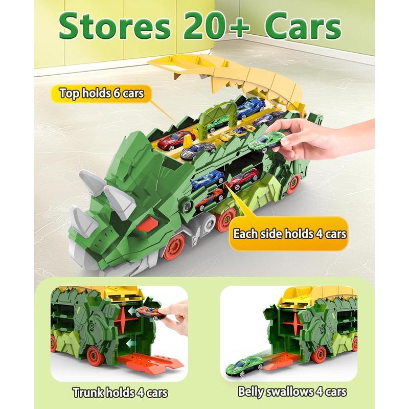 Dinosaur Truck Toys for Kids, Transforms into Triceratops with Race Track Set, Ultimate City Dinosaur Transporter Hauler with 4 Cars, Birthday Gifts Toys for Boys 3 4 5 6 7 8 Years Old Green