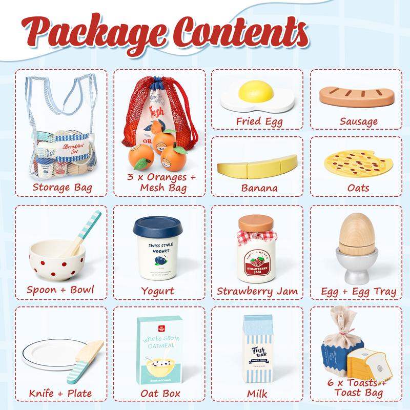 Play Food Sets for Kitchen, Wooden Toys for Gifts, Pretend Play, Wooden breakfast toys，Cutting food toys，Toy food educational gifts，Accessories with breakfast playfood play pretend coc in