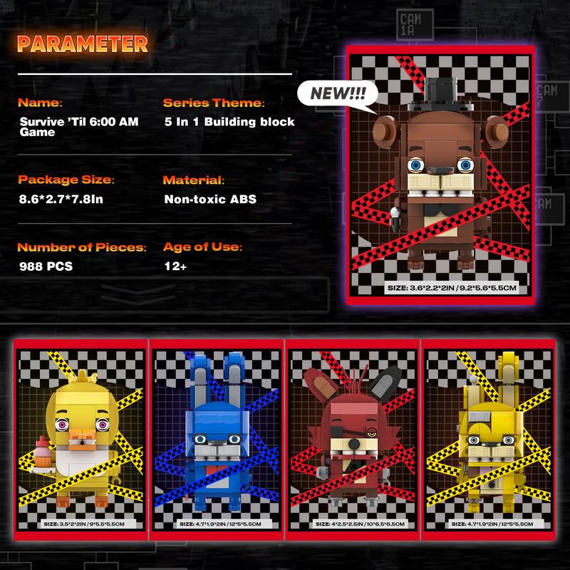 66038,988 Pieces,5-in-1 Five Nights Security Vulnerability Building Block Set,Classic Horror Game Five Nights Action Dol,Creative gift ideas,Collecting Building and Gifting Model for Game Fans,For aged 12 and above,Stress relief toy
