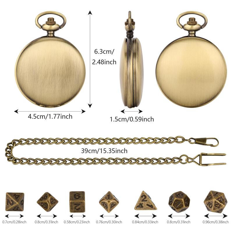 DND Dice Set with Bronze Smooth Pocket Watch Shell Case, 1 Set DND Dice Set with Gift Box, Role Playing Board Games Accessories, Gifts for Kids