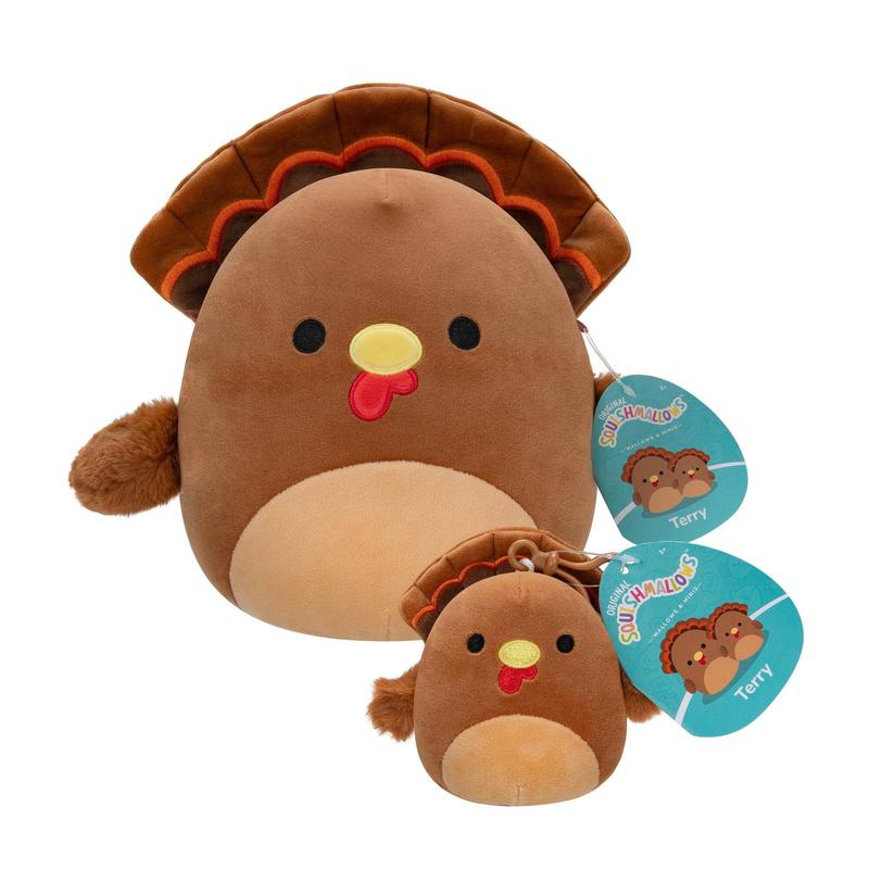 Squishmallows Plush Toys: Terry, Brown Turkey with Beige Belly, 2-Pack, 8-In and 3.5-In with Clip-On, Super Soft, Collectible