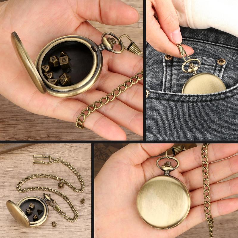 DND Dice Set with Bronze Smooth Pocket Watch Shell Case, 1 Set DND Dice Set with Gift Box, Role Playing Board Games Accessories, Gifts for Kids