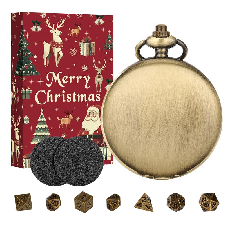 DND Dice Set with Bronze Smooth Pocket Watch Shell Case, 1 Set DND Dice Set with Gift Box, Role Playing Board Games Accessories, Gifts for Kids