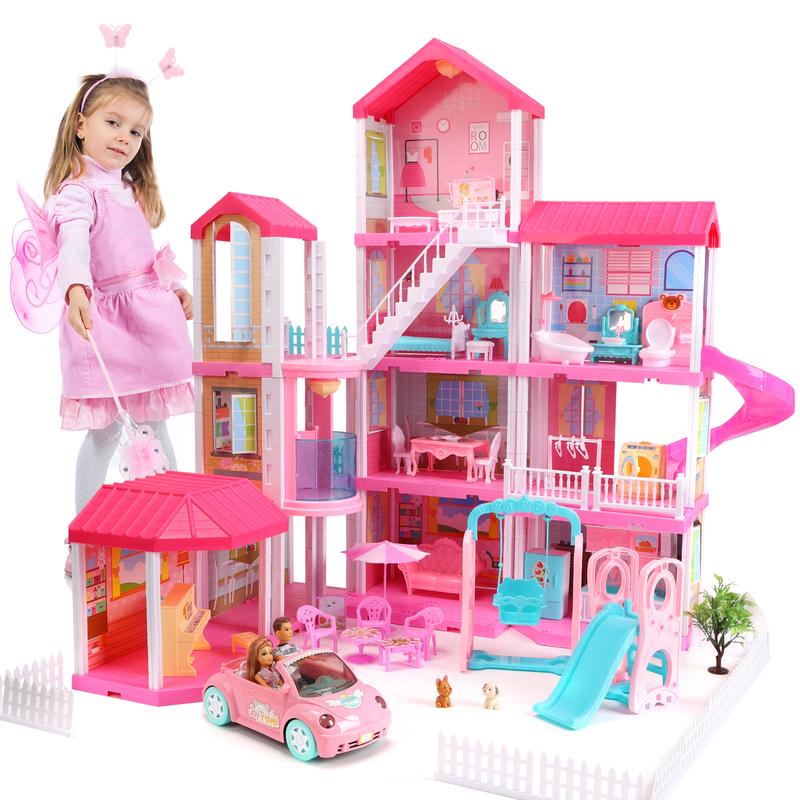 Huge Dollhouse With Elevator And Light,Doll Toy Figures Playhouse With 359 PCS,Christmas Birthday Gifts ,Pink