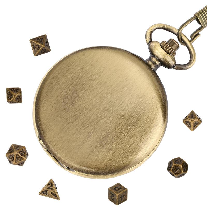 DND Dice Set with Bronze Smooth Pocket Watch Shell Case, 1 Set DND Dice Set with Gift Box, Role Playing Board Games Accessories, Gifts for Kids