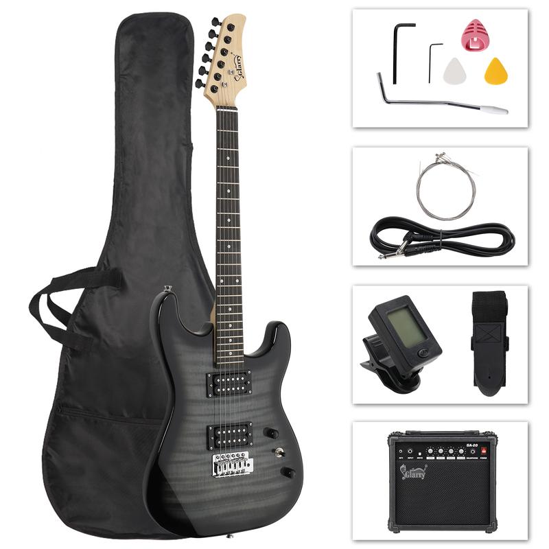 Glarry GST Stylish H-H Pickup Tiger Stripe Electric Guitar Kit with 20W AMP Bag Guitar Strap Black